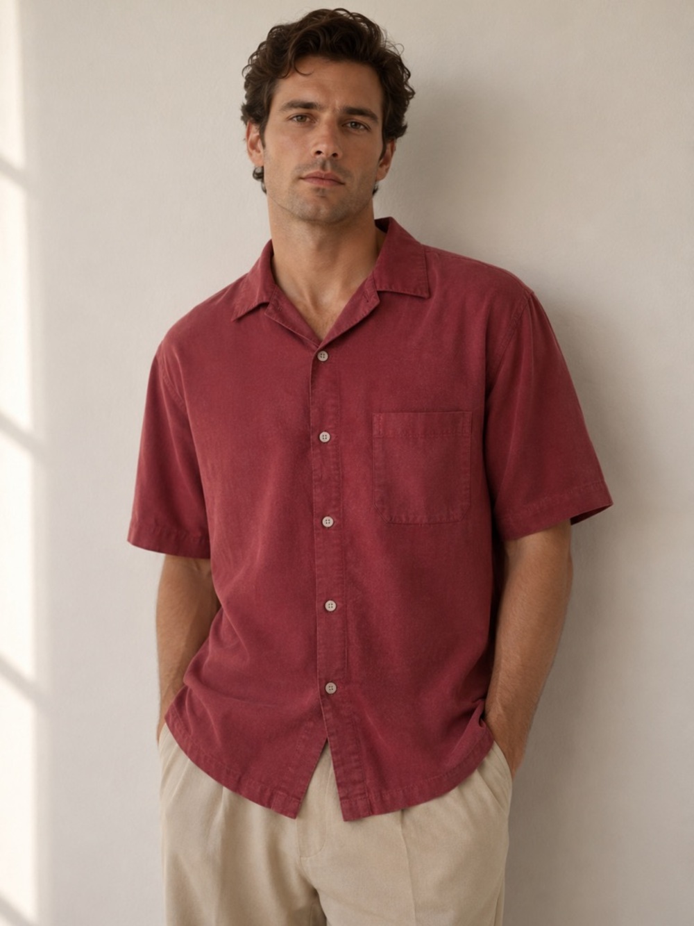 Alfani Mens Large Red Rayon Blend Button Up Shirt Short Sleeve Casual Camp